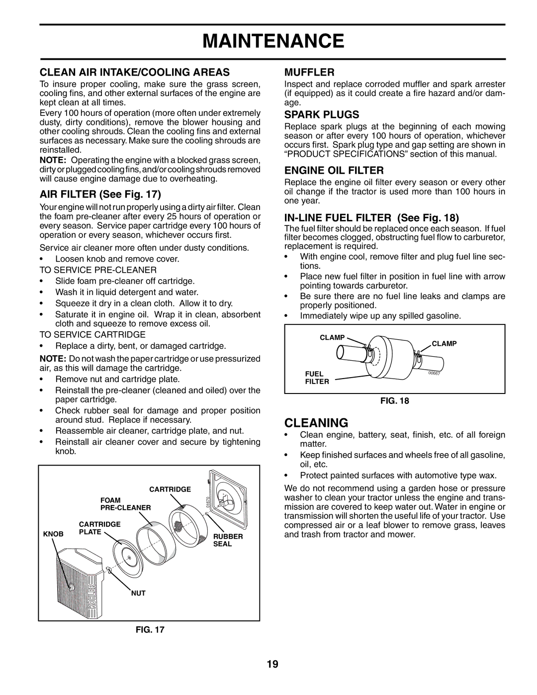 Poulan 187009 owner manual Cleaning, Clean AIR INTAKE/COOLING Areas, Muffler, Spark Plugs, Engine OIL Filter 