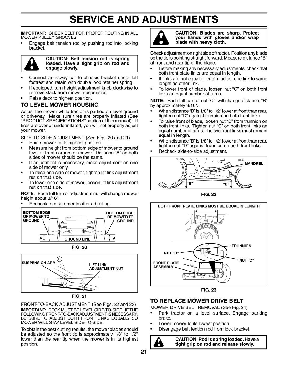 Poulan 187009 owner manual To Level Mower Housing, To Replace Mower Drive Belt 