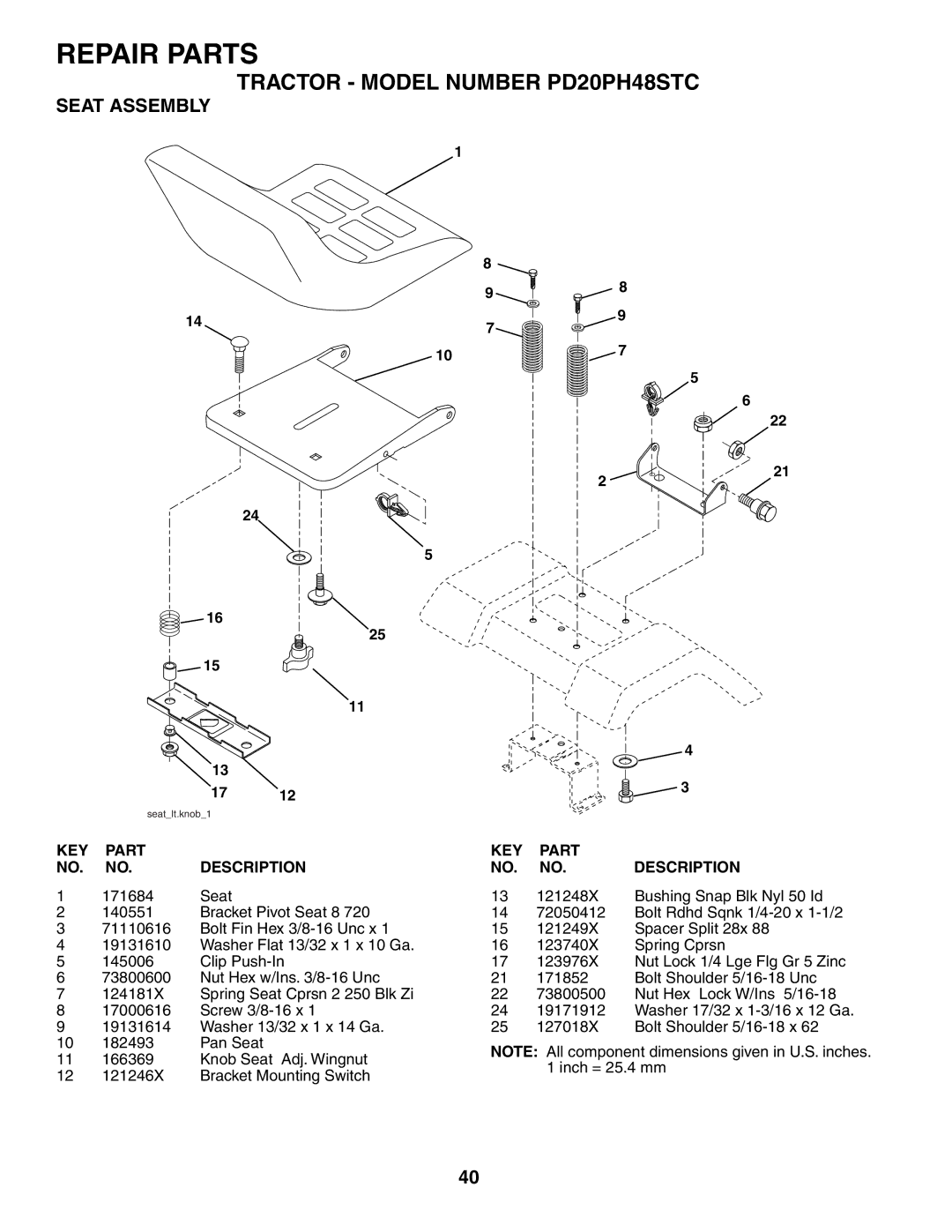 Poulan 187009 owner manual Seat Assembly 