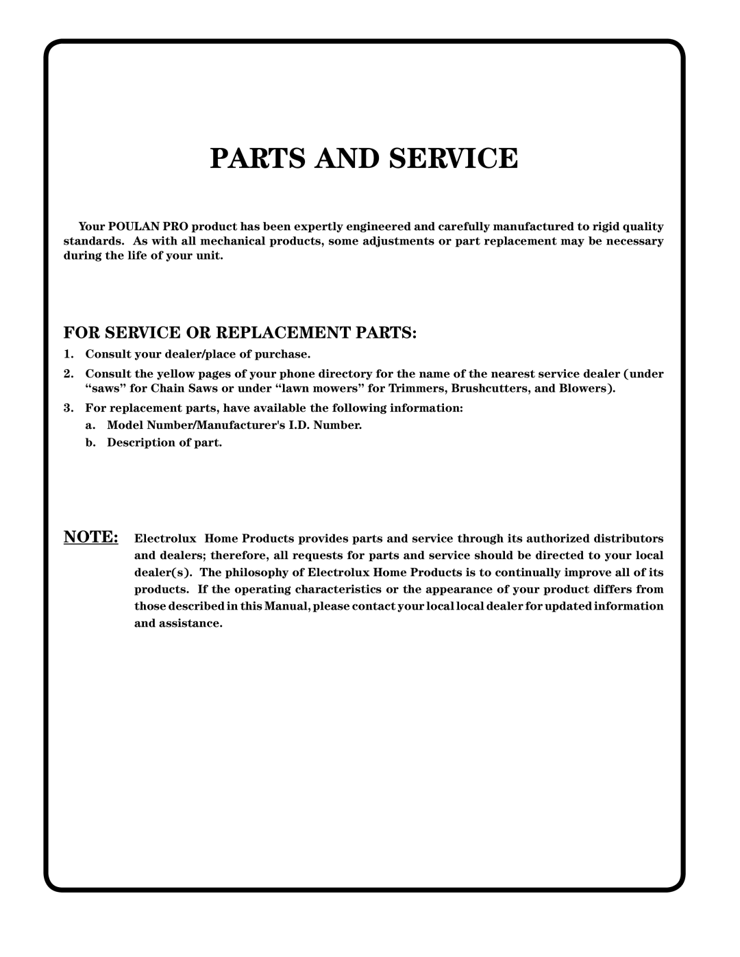 Poulan 187009 owner manual Parts and Service 