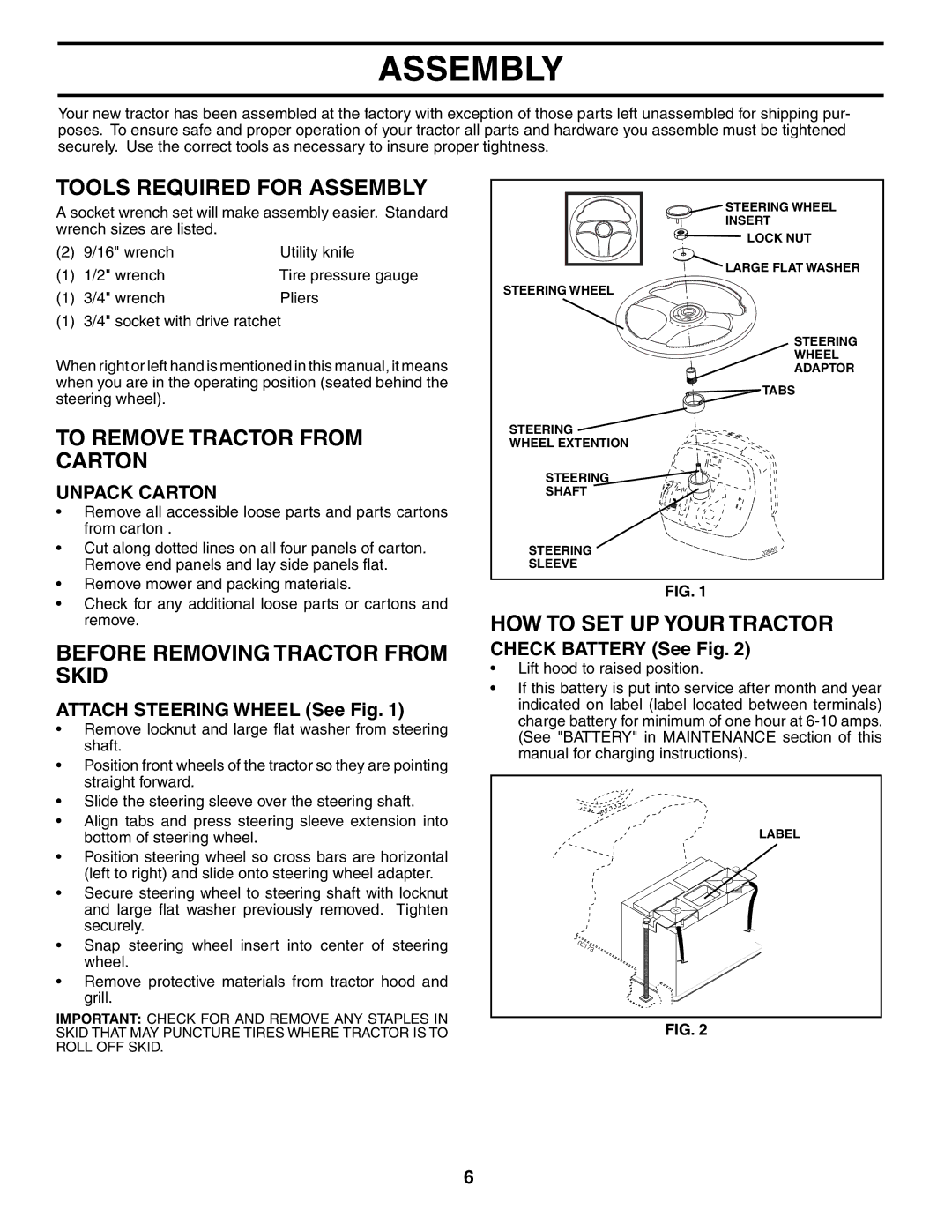 Poulan 187009 Tools Required for Assembly, To Remove Tractor from Carton, Before Removing Tractor from Skid 