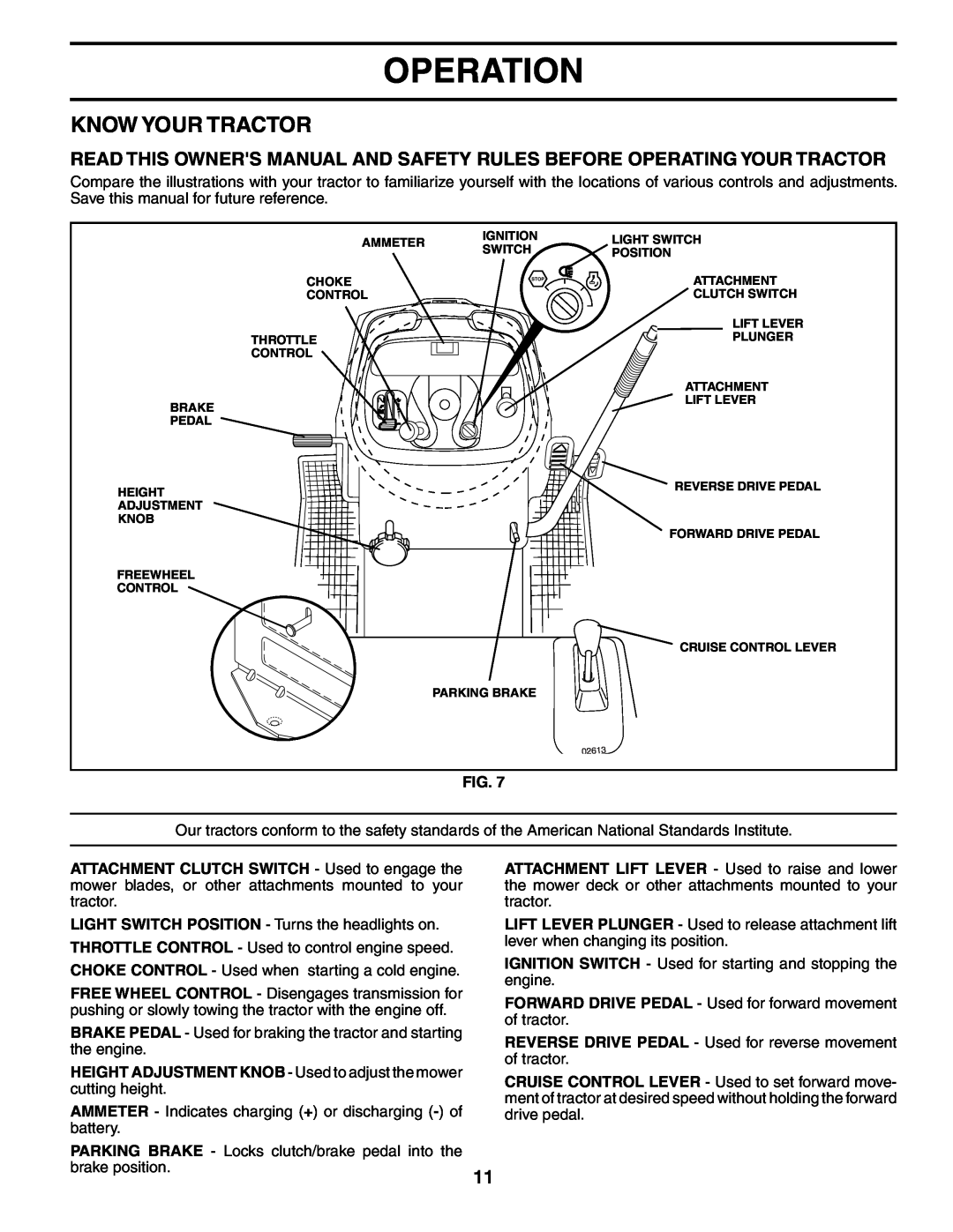 Poulan 187009 owner manual Know Your Tractor, Operation, HEIGHT ADJUSTMENT KNOB - Used to adjust the mower cutting height 