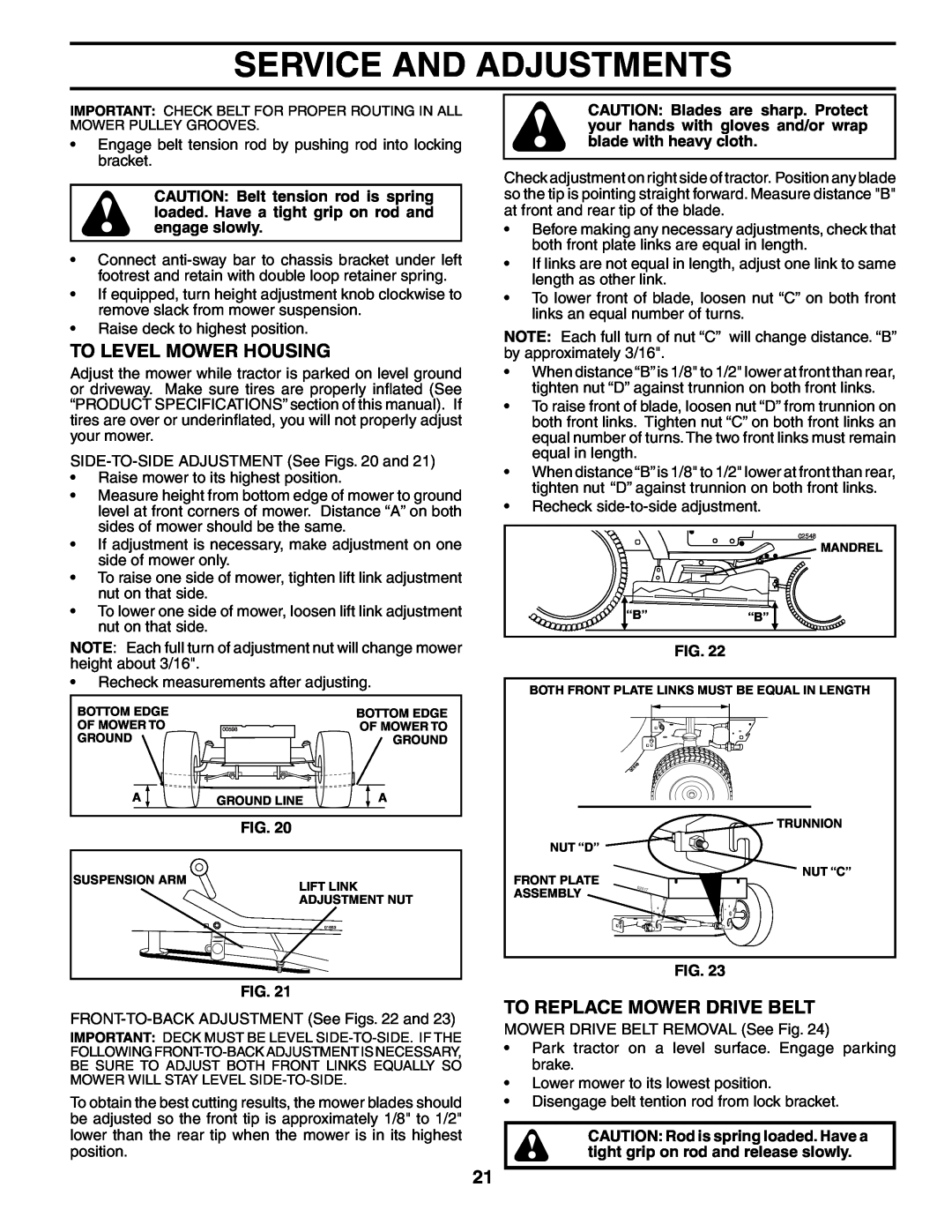 Poulan 187009 owner manual To Level Mower Housing, To Replace Mower Drive Belt, Service And Adjustments 