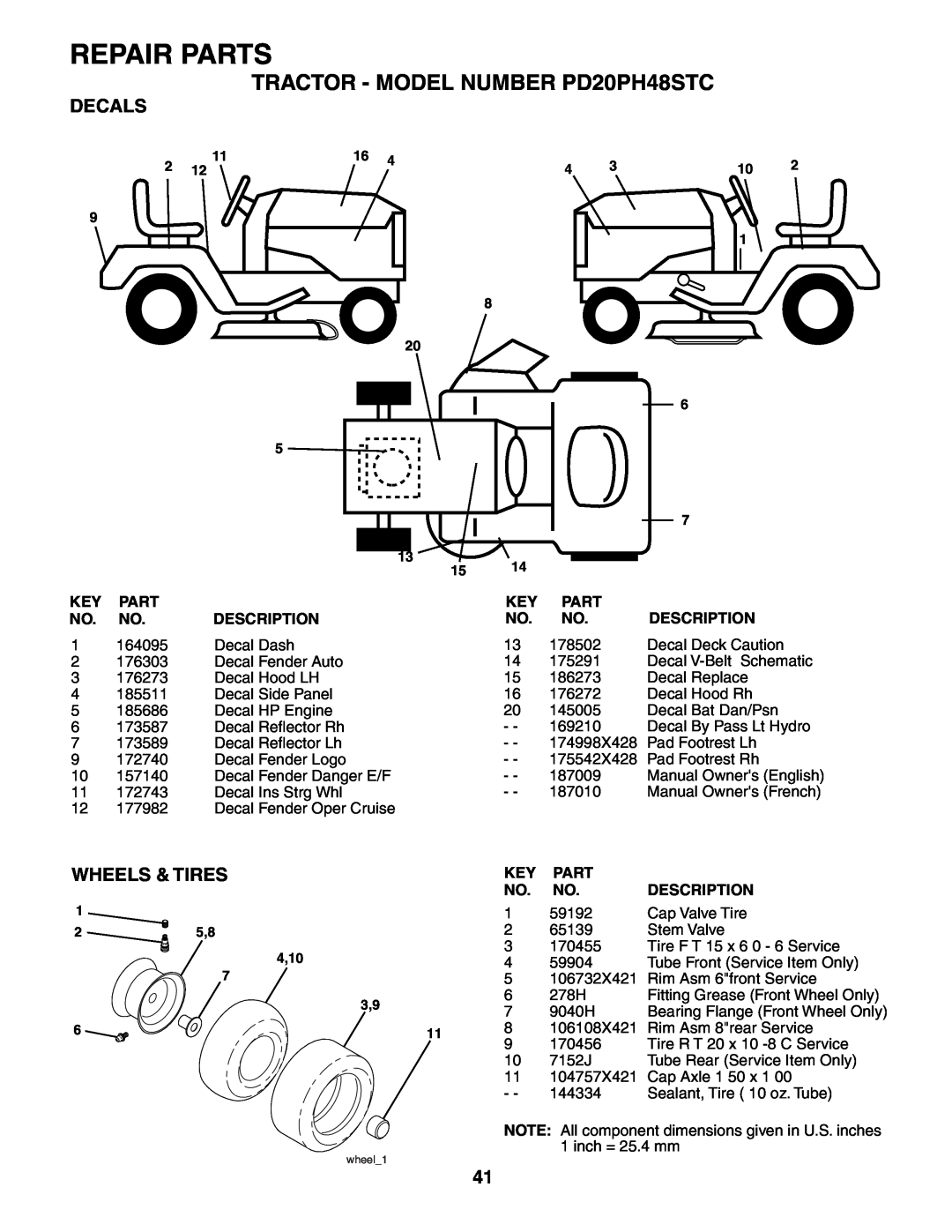 Poulan 187009 owner manual Decals, Wheels & Tires, Repair Parts, TRACTOR - MODEL NUMBER PD20PH48STC, 4,10 