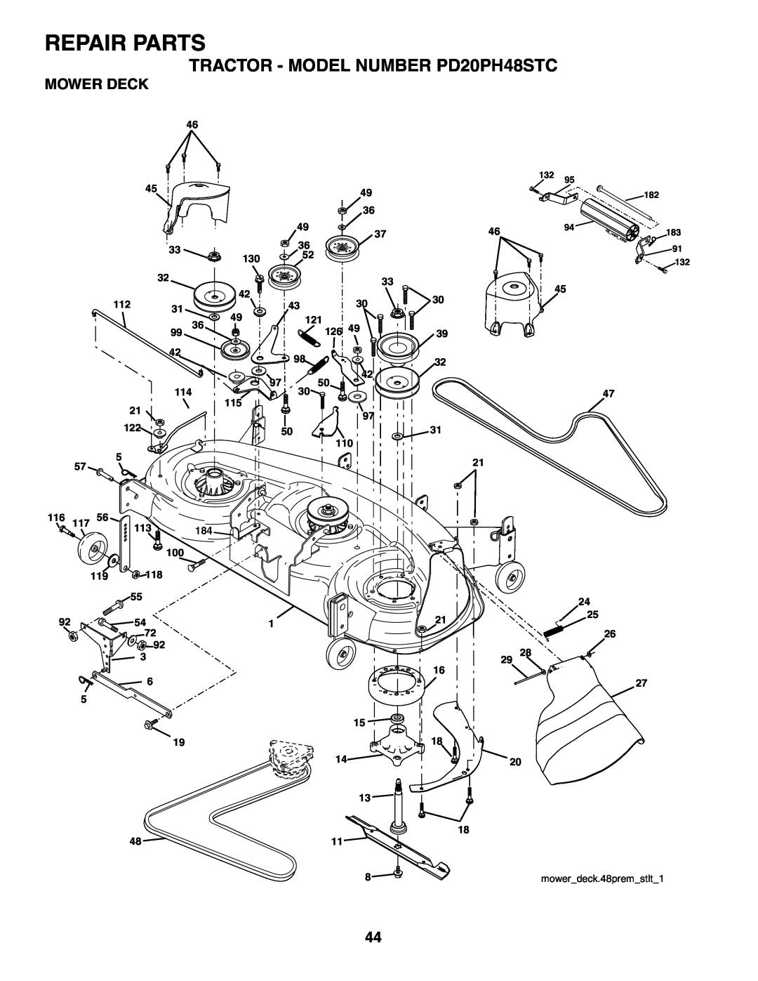 Poulan 187009 owner manual Mower Deck, Repair Parts, TRACTOR - MODEL NUMBER PD20PH48STC, mowerdeck.48premstlt1 