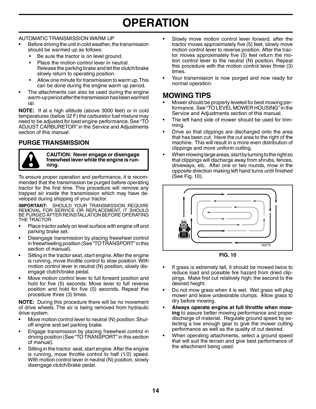 Poulan 187080 owner manual Mowing Tips, Purge Transmission, Automatic Transmission Warm UP 