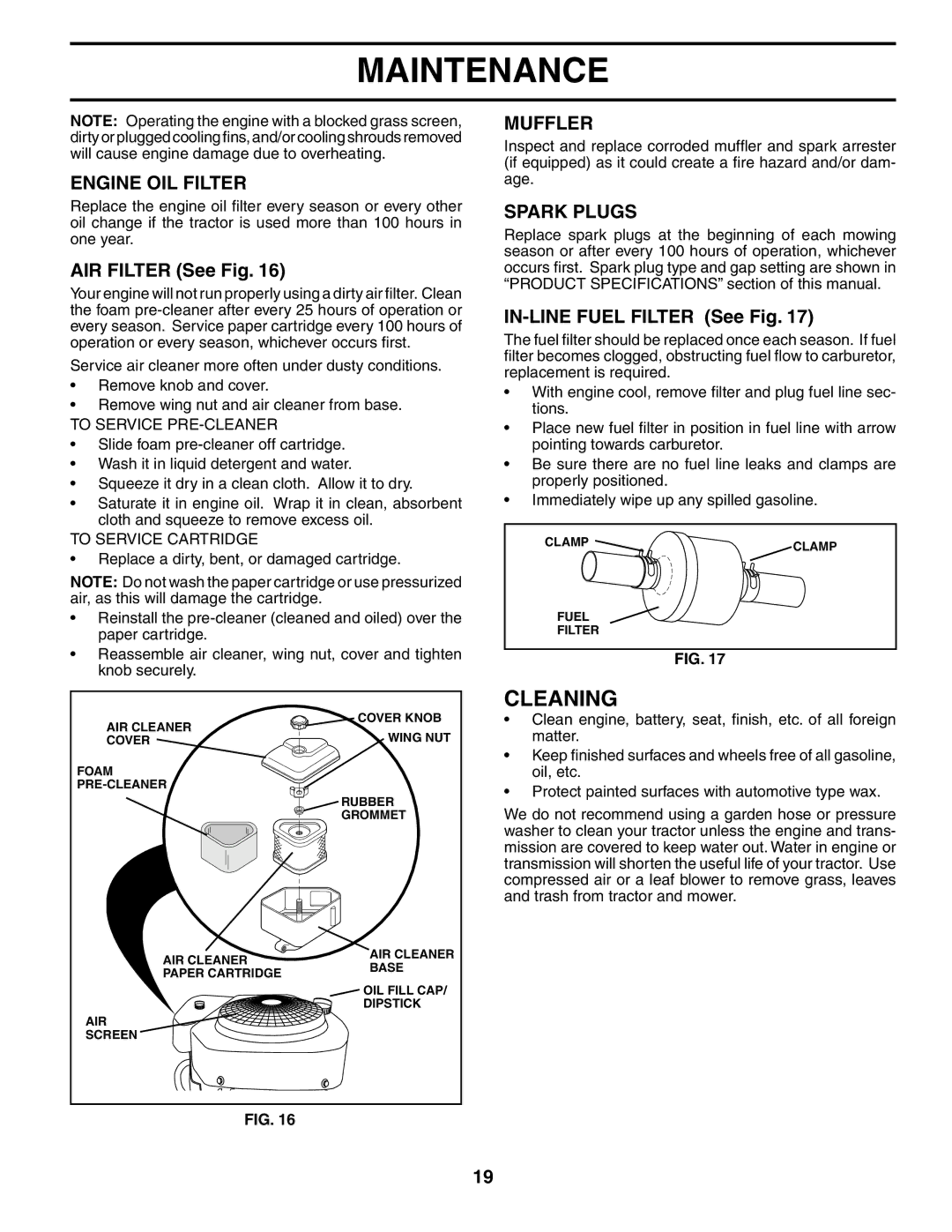 Poulan 187080 owner manual Cleaning, Engine OIL Filter, Muffler, Spark Plugs 