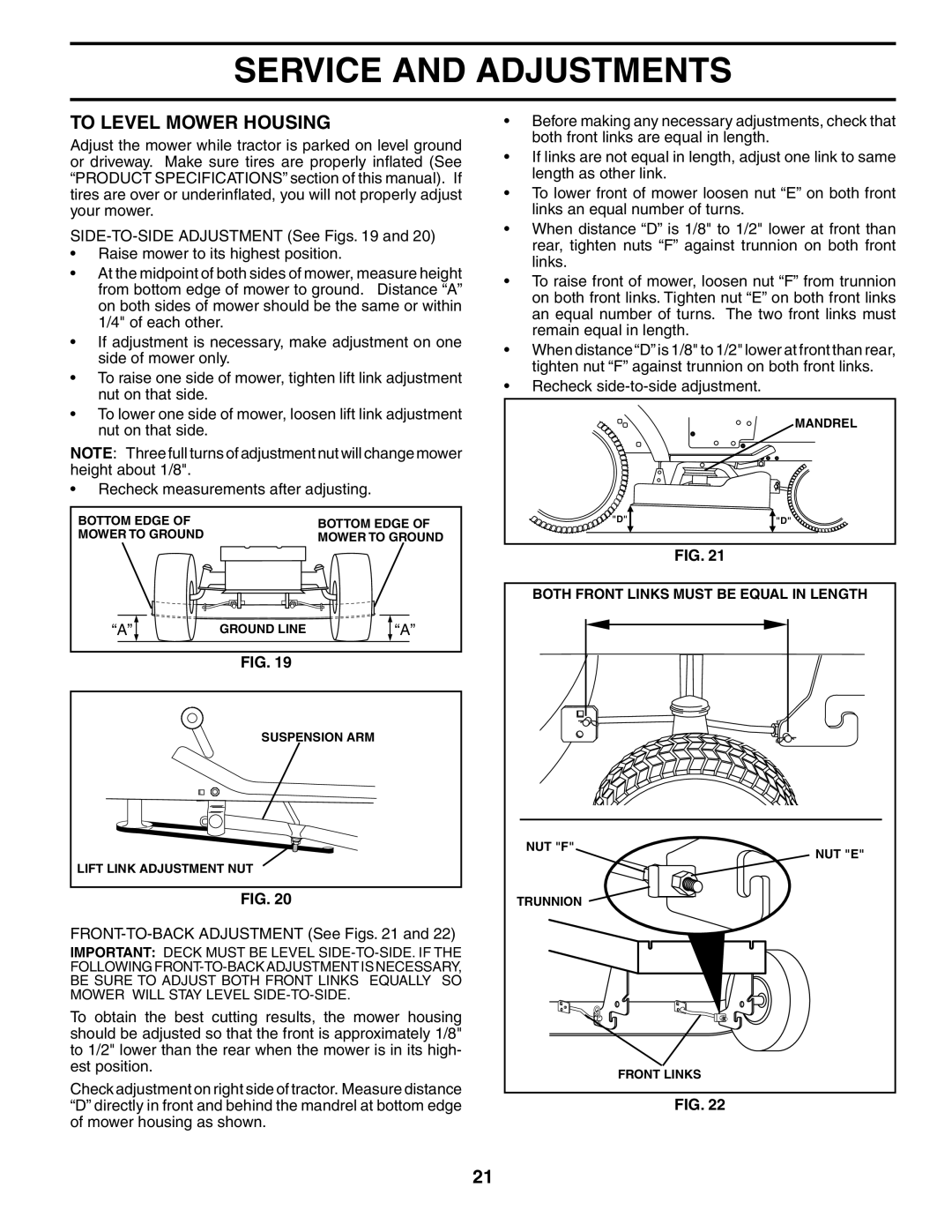 Poulan 187080 owner manual To Level Mower Housing, FRONT-TO-BACK Adjustment See Figs 