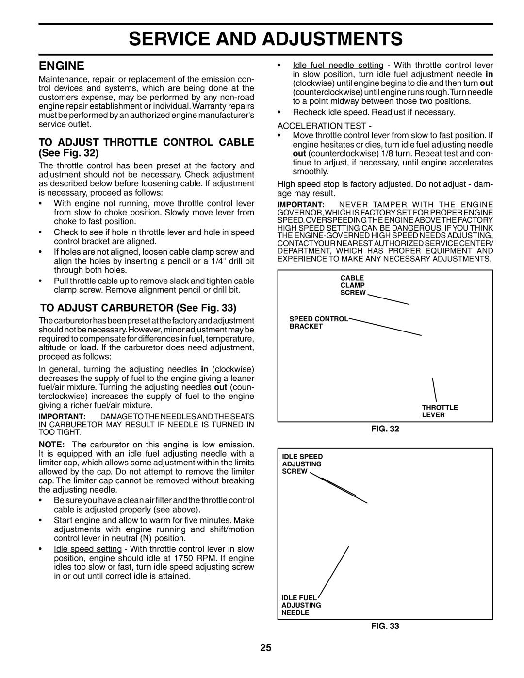 Poulan 187080 owner manual To Adjust Throttle Control Cable See Fig, To Adjust Carburetor See Fig, Acceleration Test 