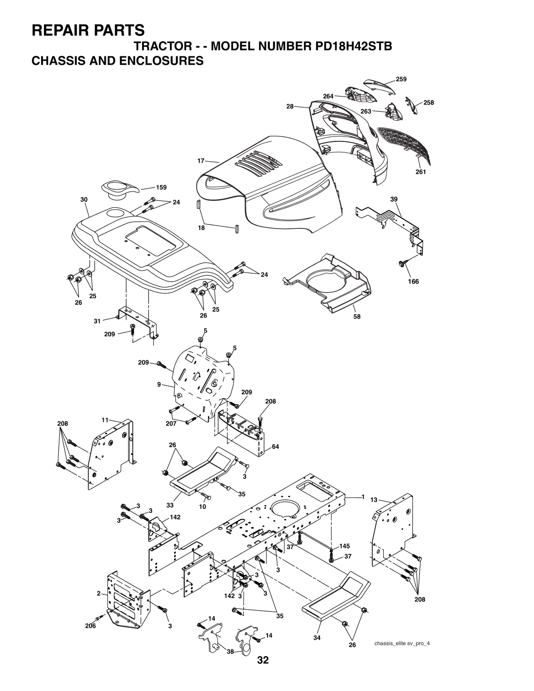 Poulan 187080 owner manual Tractor - Model Number PD18H42STB Chassis and Enclosures 