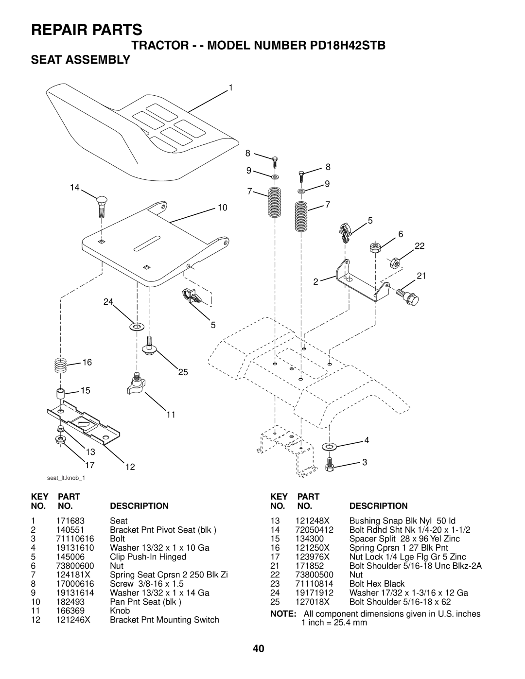 Poulan 187080 owner manual Tractor - Model Number PD18H42STB Seat Assembly, KEY Part NO. no Description 