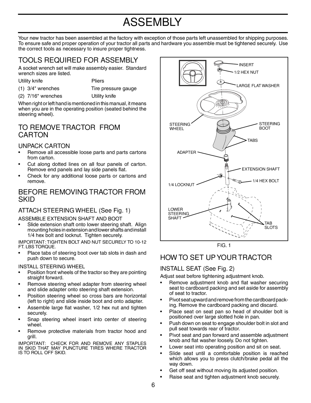 Poulan 187080 Tools Required for Assembly, To Remove Tractor from Carton, Before Removing Tractor from Skid 