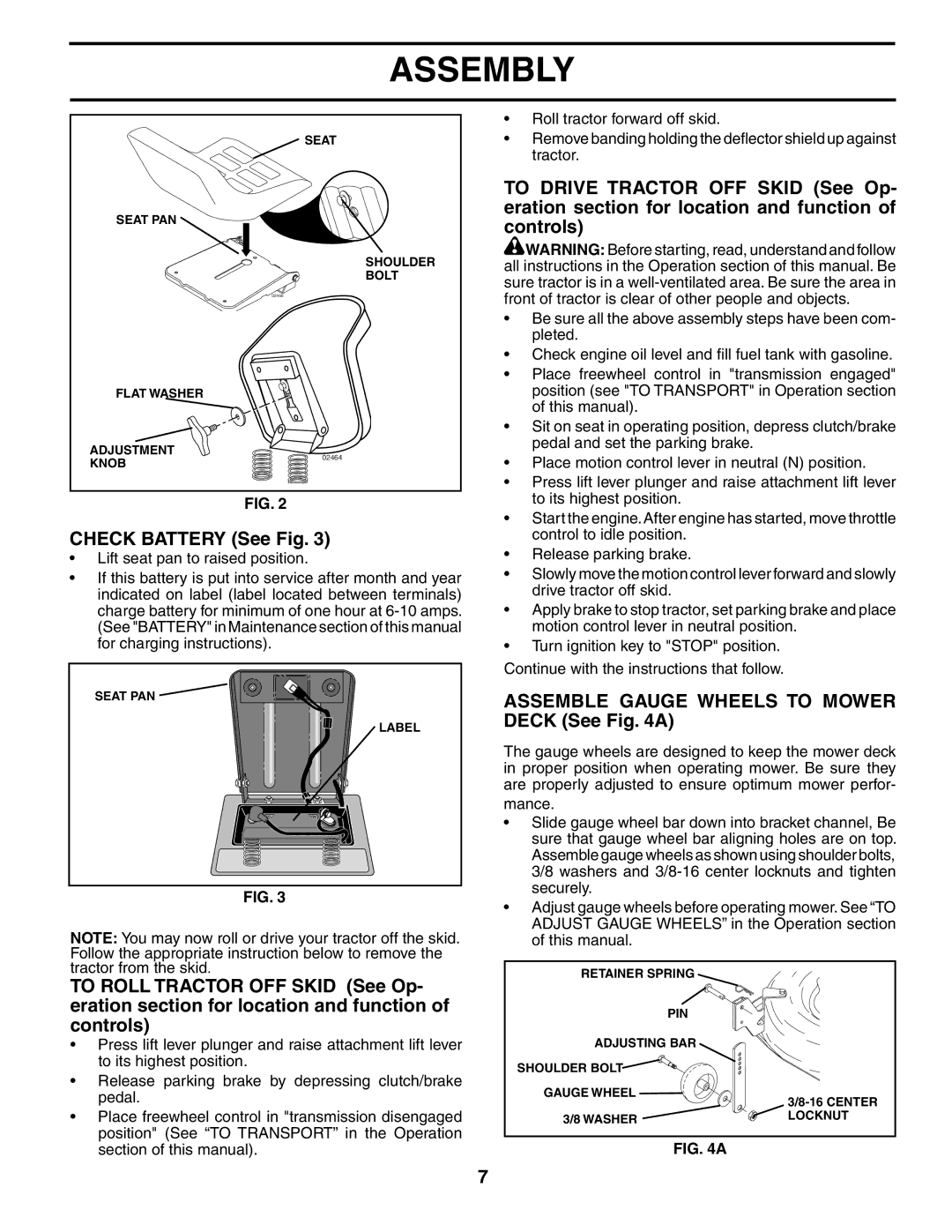 Poulan 187080 owner manual Check Battery See Fig, Assemble Gauge Wheels to Mower Deck See a 