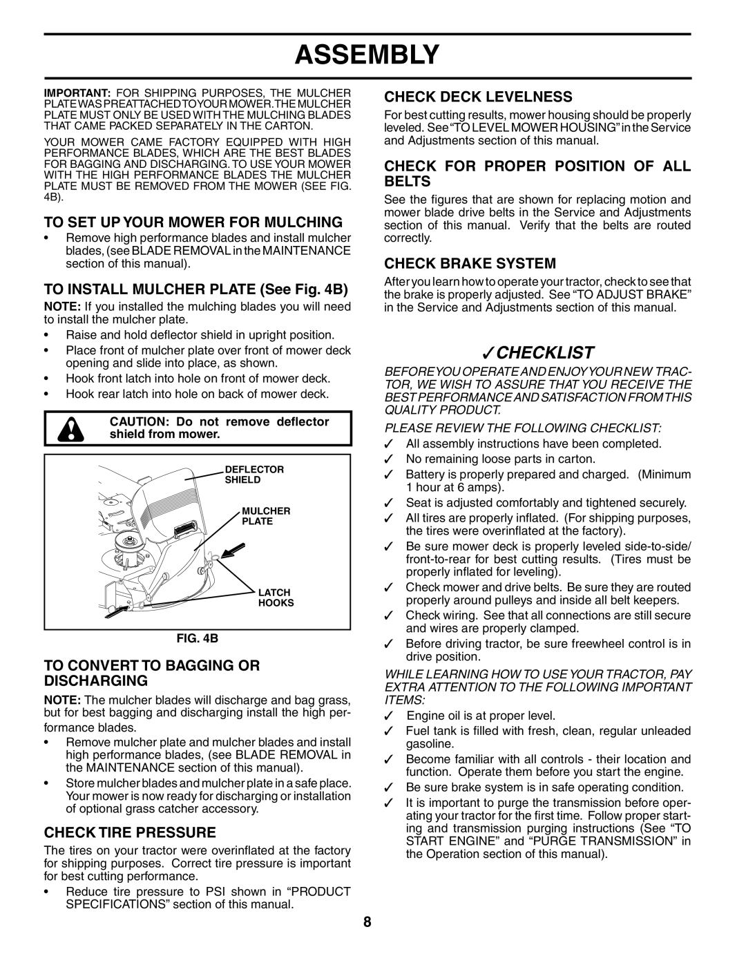 Poulan 187080 owner manual To SET UP Your Mower for Mulching, To Convert to Bagging or Discharging, Check Tire Pressure 