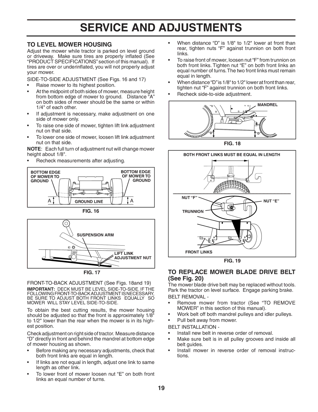 Poulan 187189 manual To Level Mower Housing, To Replace Mower Blade Drive Belt See Fig, Belt Removal, Belt Installation 