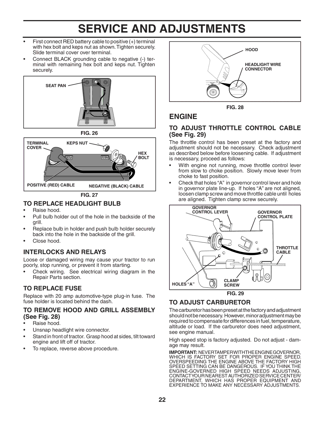 Poulan 187189 manual To Replace Headlight Bulb, Interlocks and Relays, To Replace Fuse, To Adjust Carburetor 