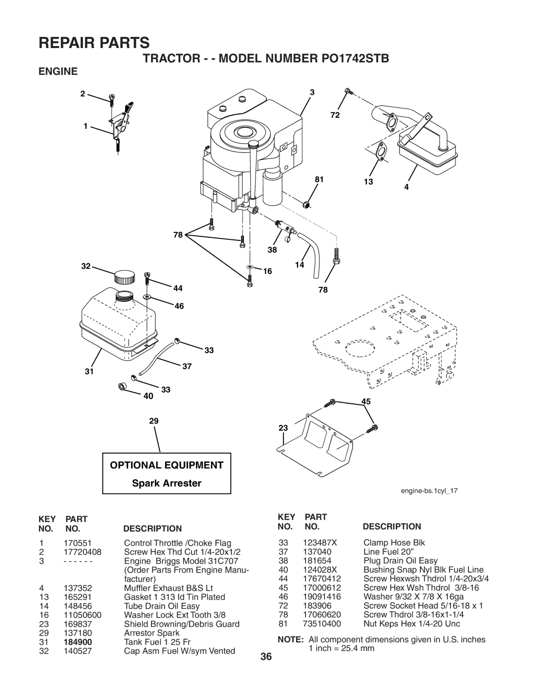 Poulan 187189 manual Engine, Optional Equipment 