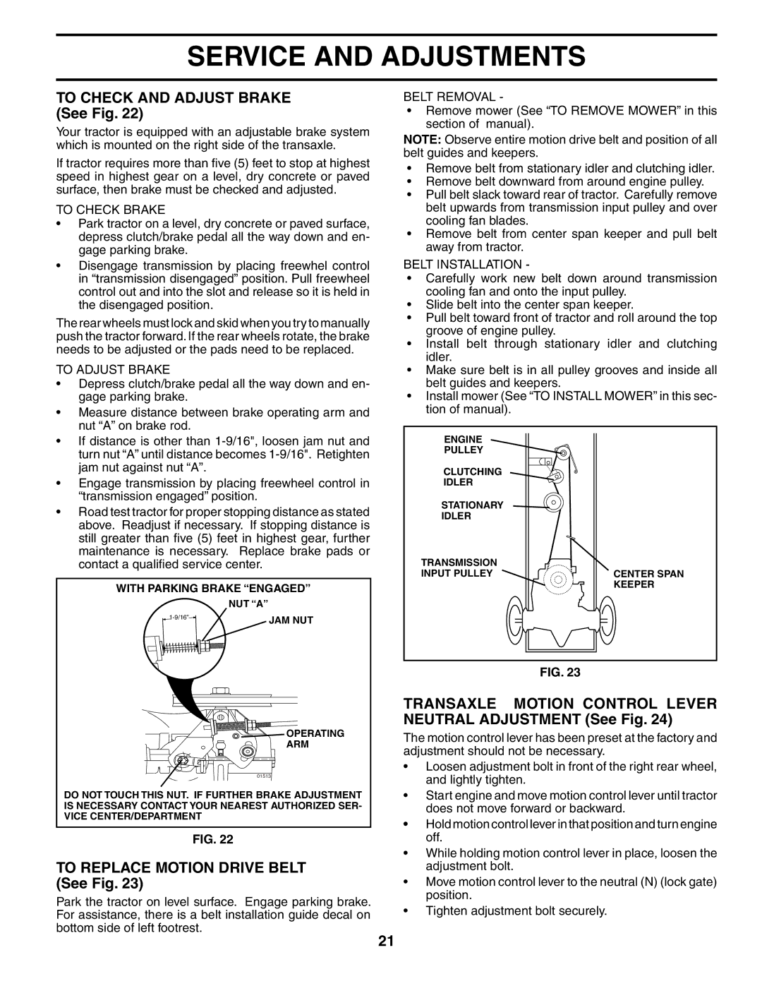 Poulan 187301 To Check and Adjust Brake See Fig, To Replace Motion Drive Belt See Fig, To Check Brake, To Adjust Brake 