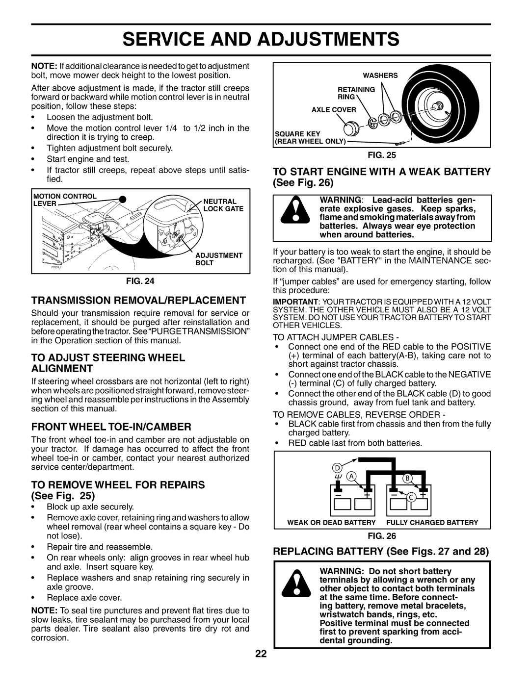 Poulan 187301 manual Transmission REMOVAL/REPLACEMENT, To Adjust Steering Wheel Alignment, Front Wheel TOE-IN/CAMBER 