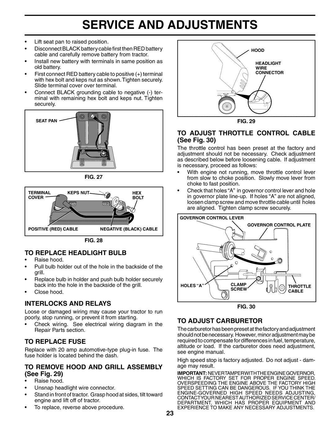 Poulan 187301 manual To Replace Headlight Bulb, Interlocks and Relays, To Replace Fuse, To Adjust Carburetor 