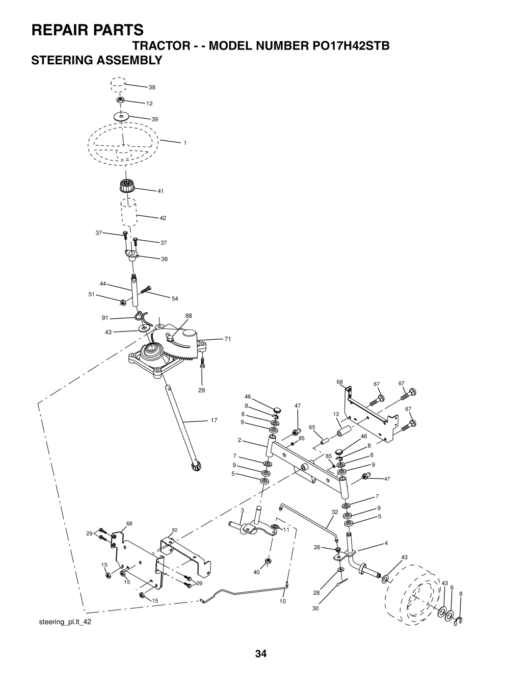 Poulan 187301 manual Tractor - Model Number PO17H42STB Steering Assembly 