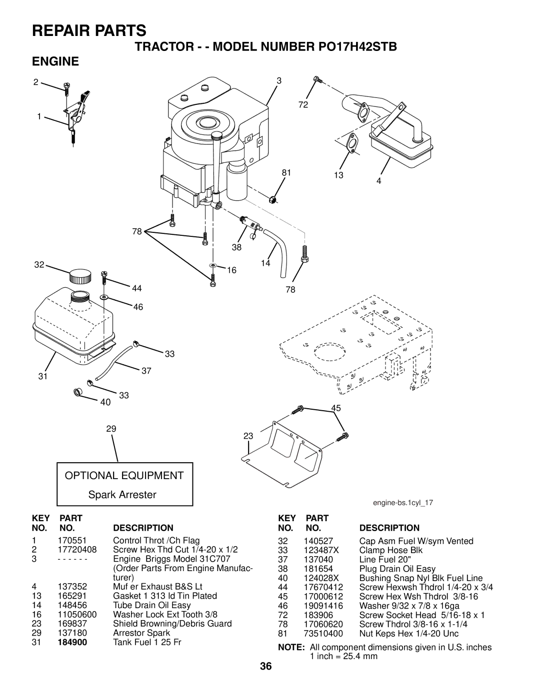 Poulan 187301 manual Tractor - Model Number PO17H42STB Engine, Optional Equipment 