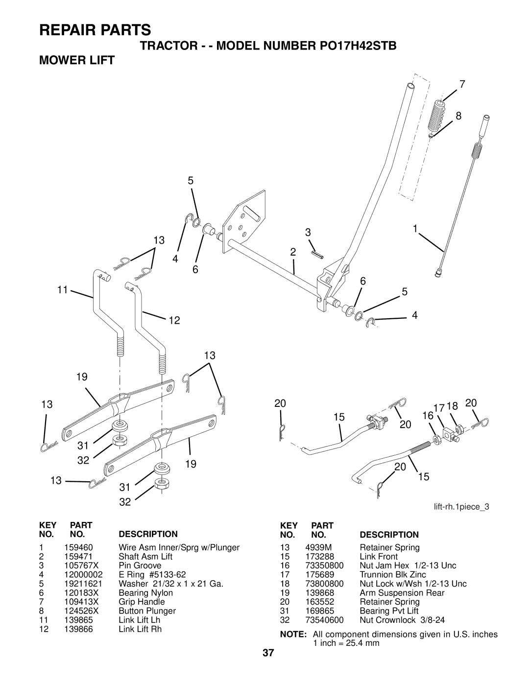 Poulan 187301 manual Tractor - Model Number PO17H42STB Mower Lift 