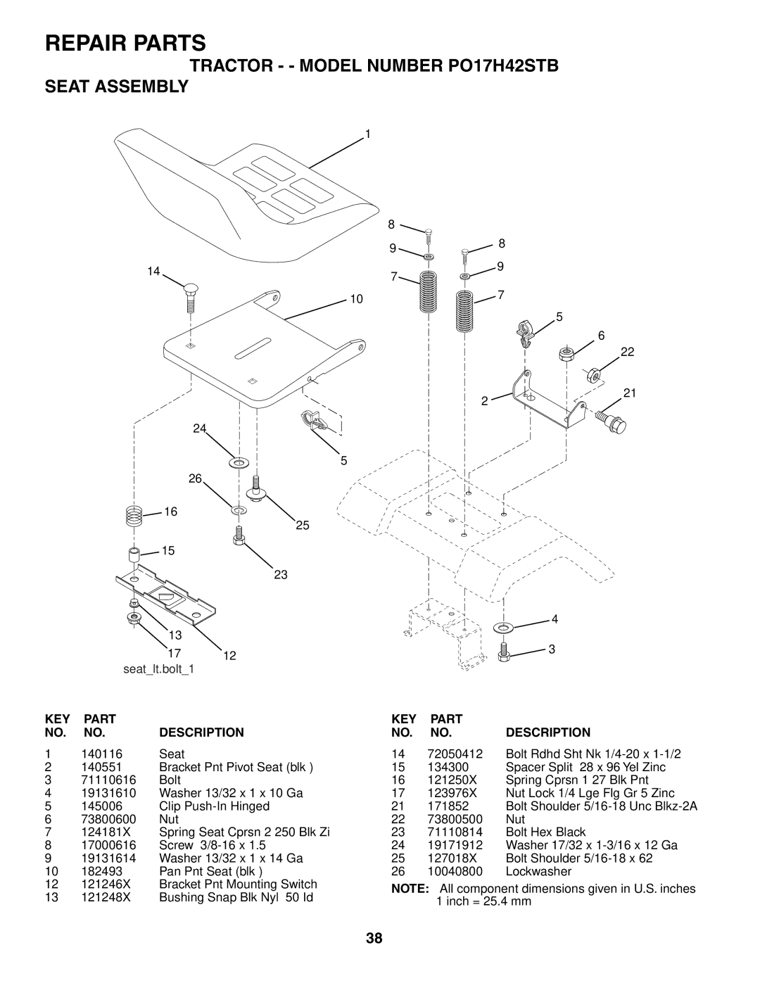 Poulan 187301 manual Tractor - Model Number PO17H42STB Seat Assembly 