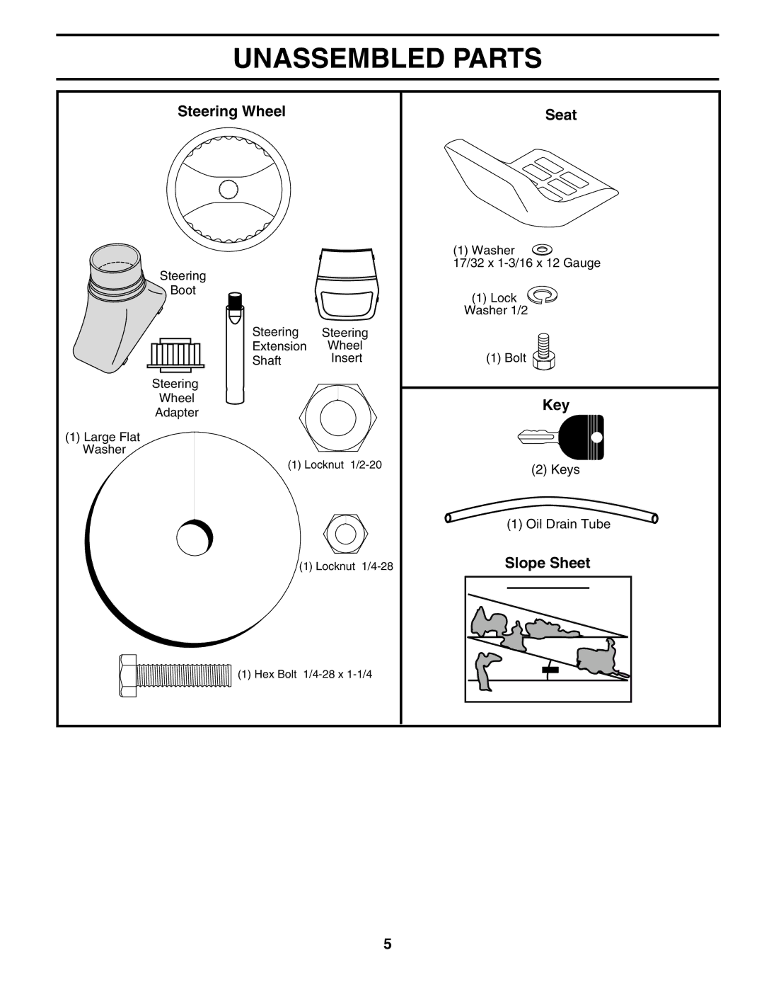 Poulan 187301 manual Unassembled Parts, Steering Wheel Seat, Key, Slope Sheet 