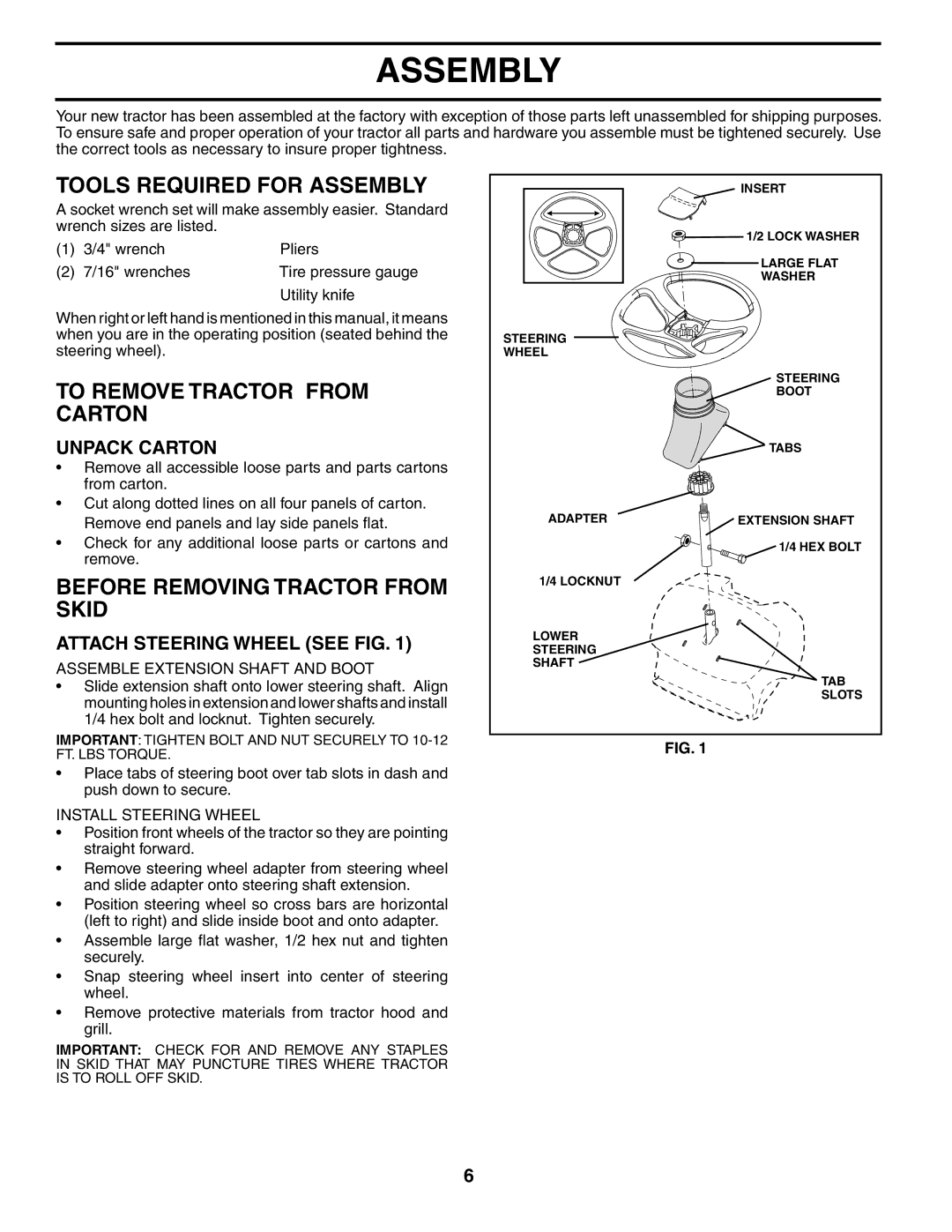 Poulan 187301 manual Tools Required for Assembly, To Remove Tractor from Carton, Before Removing Tractor from Skid 