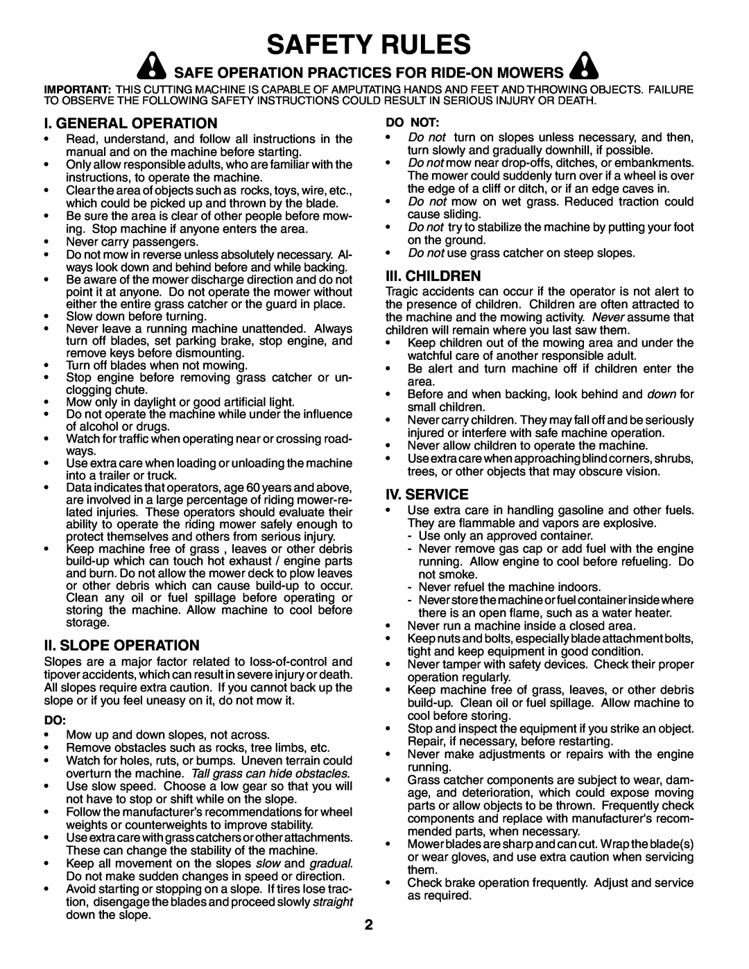 Poulan 187301 manual Safety Rules, Safe Operation Practices For Ride-On Mowers, I. General Operation, Ii. Slope Operation 