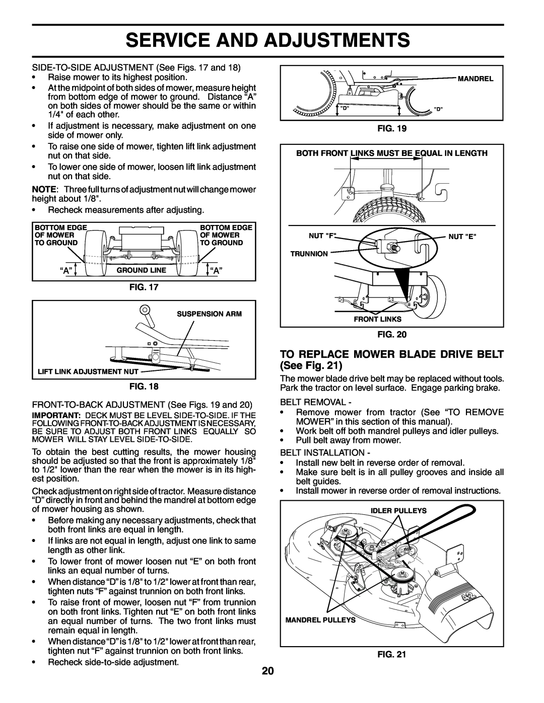 Poulan 187301 manual TO REPLACE MOWER BLADE DRIVE BELT See Fig, Service And Adjustments 