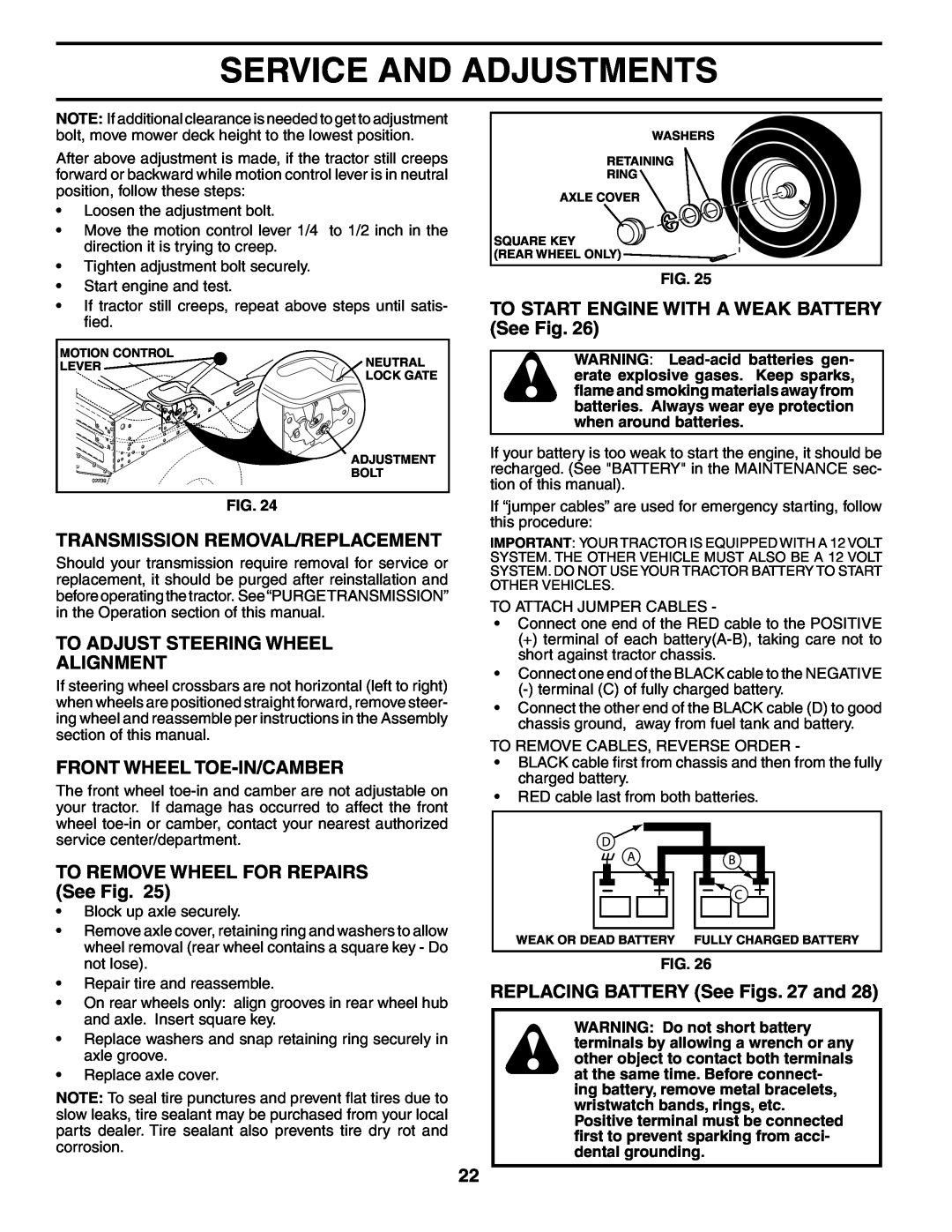 Poulan 187301 manual Transmission Removal/Replacement, To Adjust Steering Wheel Alignment, Front Wheel Toe-In/Camber 