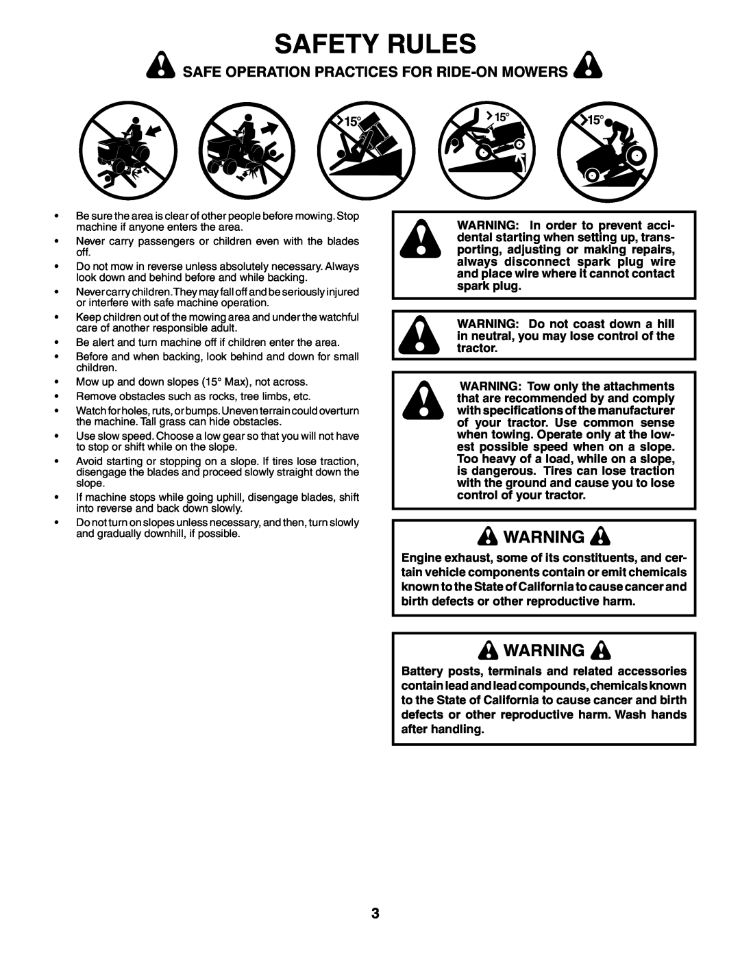 Poulan 187301 manual Safety Rules, Safe Operation Practices For Ride-On Mowers 