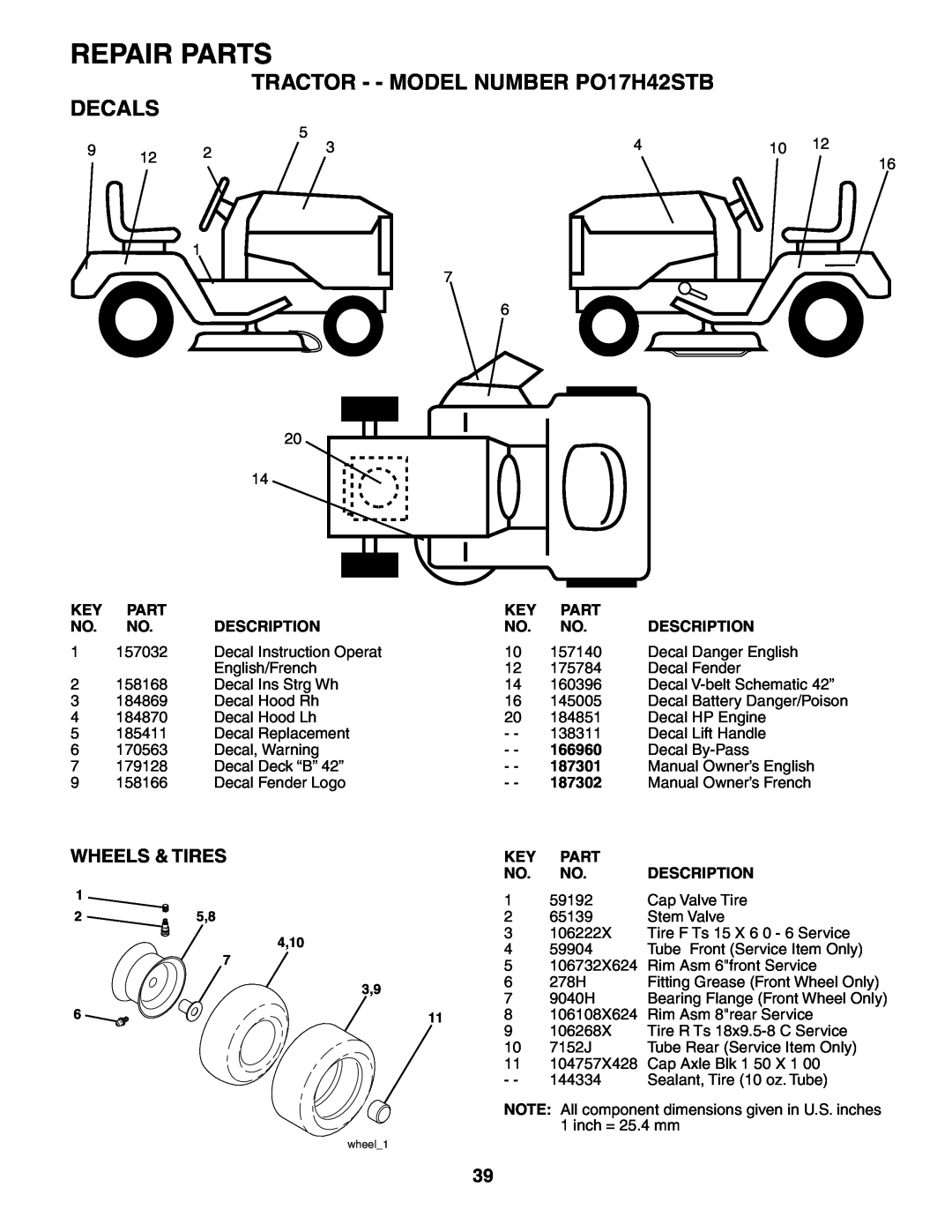 Poulan 187301 manual TRACTOR - - MODEL NUMBER PO17H42STB DECALS, Wheels & Tires, Repair Parts 