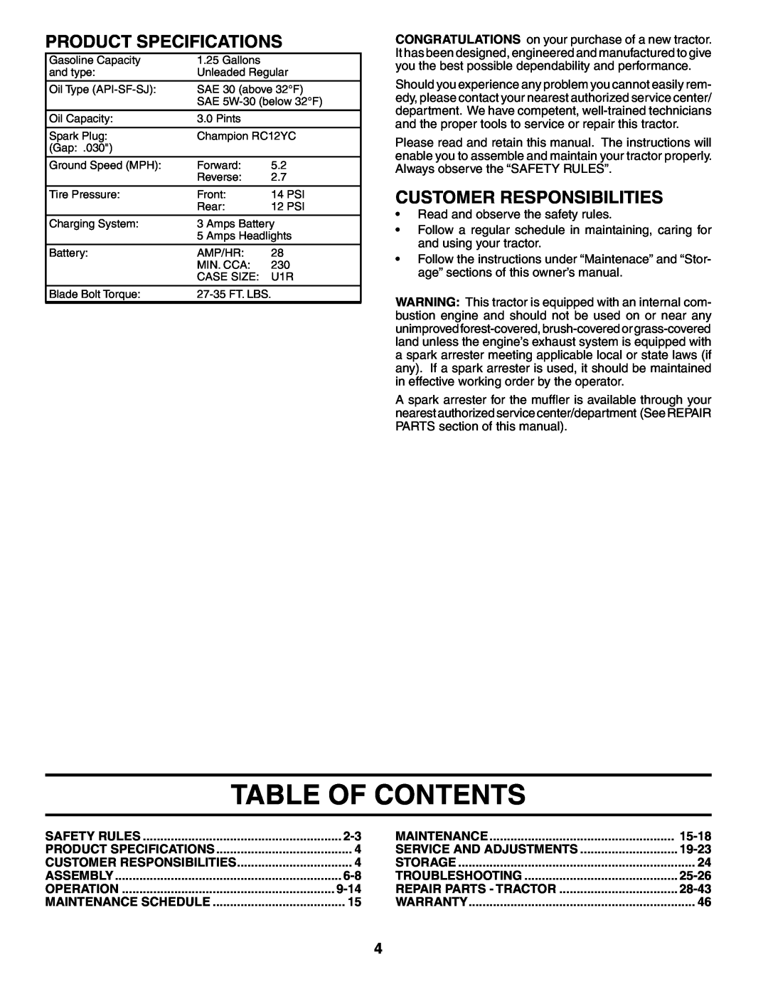 Poulan 187301 manual Table Of Contents, Product Specifications, Customer Responsibilities 