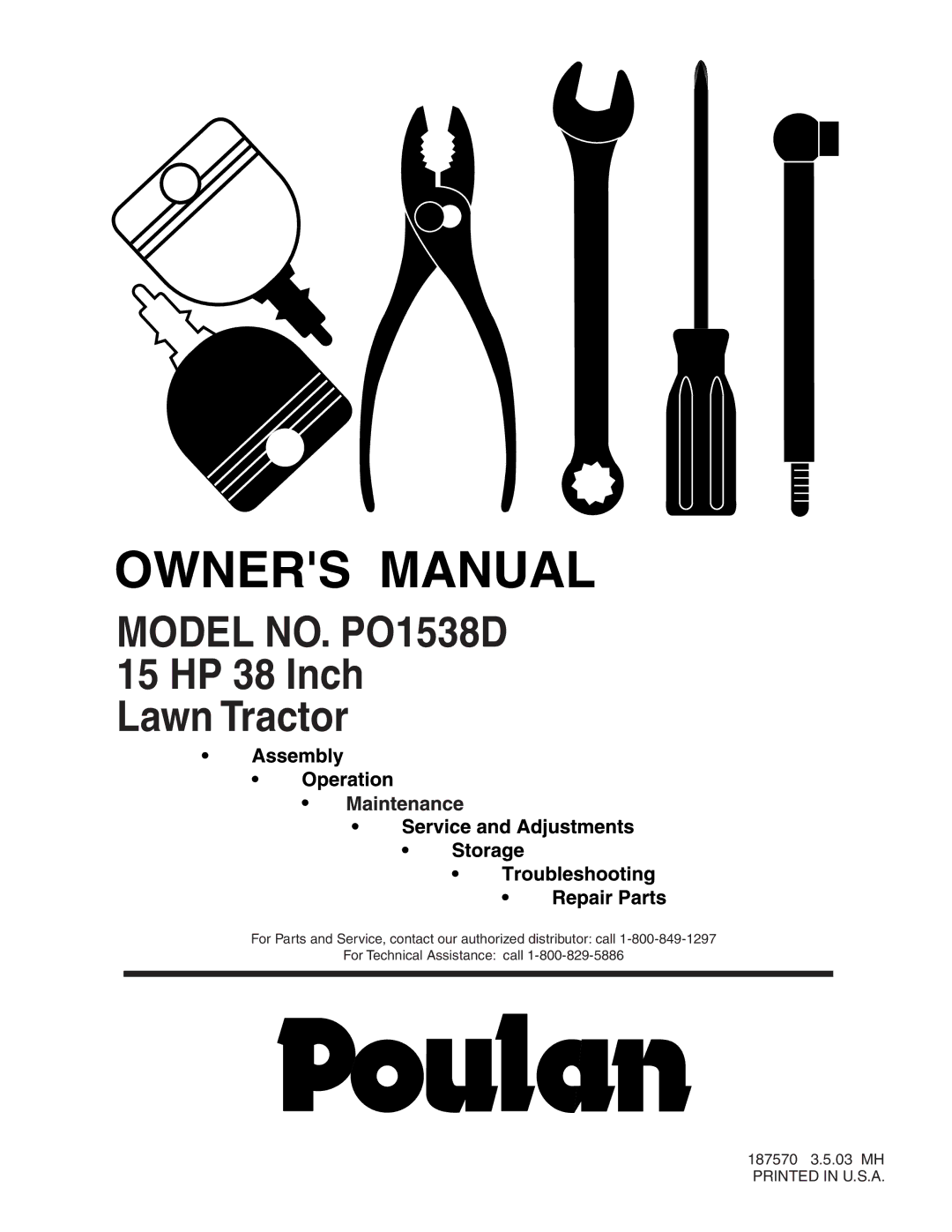 Poulan 187570 manual Model NO. PO1538D 