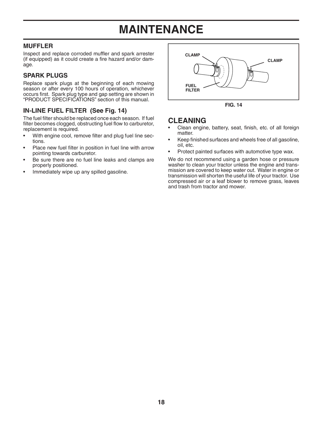 Poulan 187570 manual Cleaning, Muffler, Spark Plugs, IN-LINE Fuel Filter See Fig 