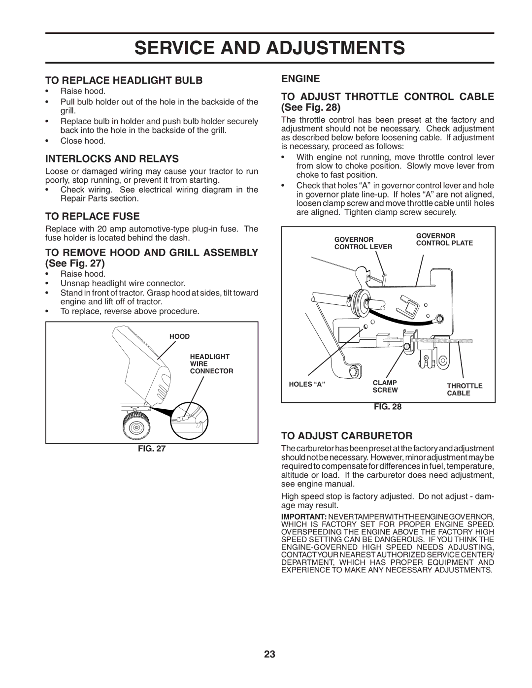 Poulan 187570 manual To Replace Headlight Bulb, Interlocks and Relays, To Replace Fuse, Engine, To Adjust Carburetor 