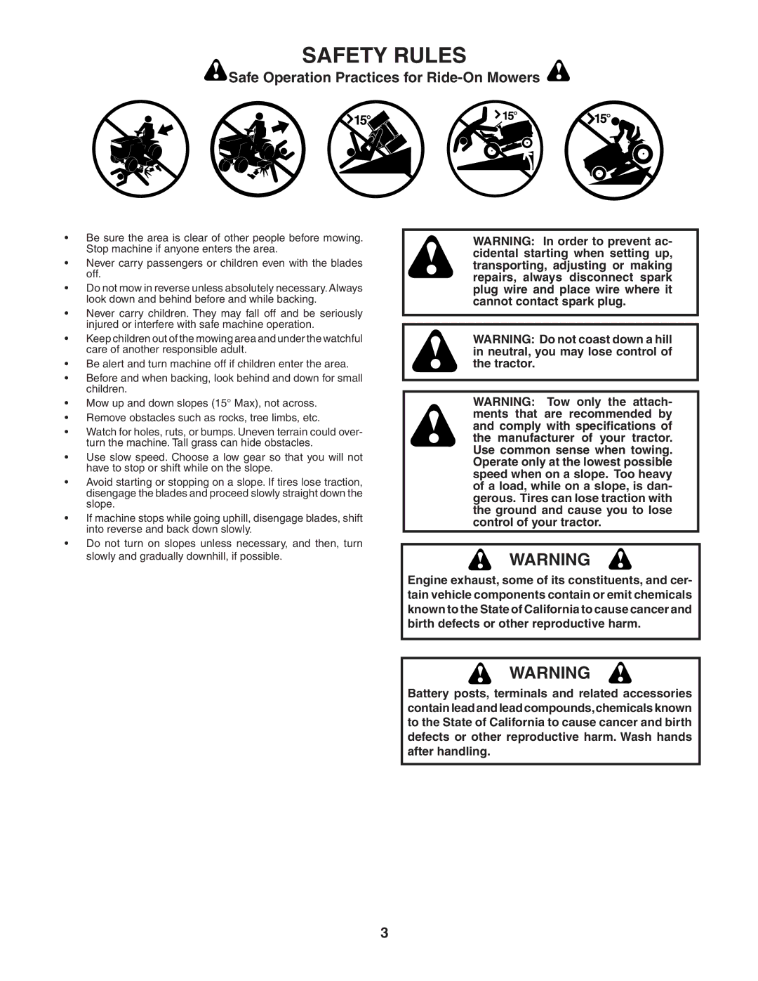 Poulan 187570 manual Safety Rules, Safe Operation Practices for Ride-On Mowers 