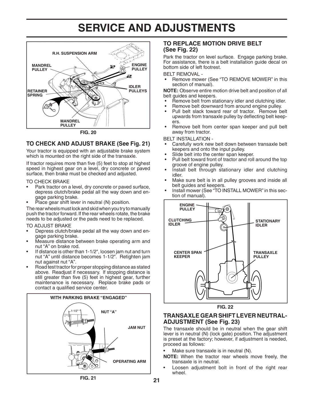 Poulan 187581 To Check and Adjust Brake See Fig, To Replace Motion Drive Belt See Fig, To Check Brake, To Adjust Brake 