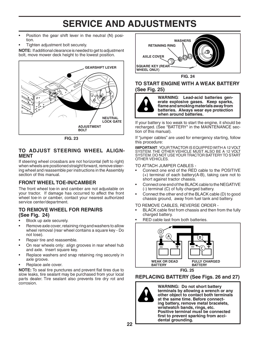 Poulan 187581 To Start Engine with a Weak Battery See Fig, To Adjust Steering Wheel ALIGN- Ment, Front Wheel TOE-IN/CAMBER 