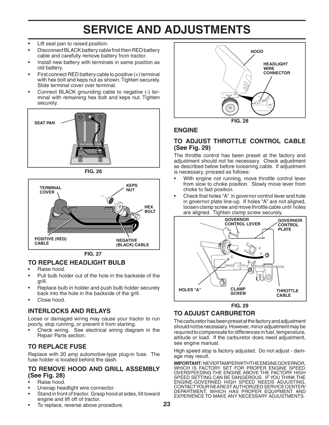 Poulan 187581 manual To Replace Headlight Bulb, Interlocks and Relays, To Replace Fuse, Engine, To Adjust Carburetor 