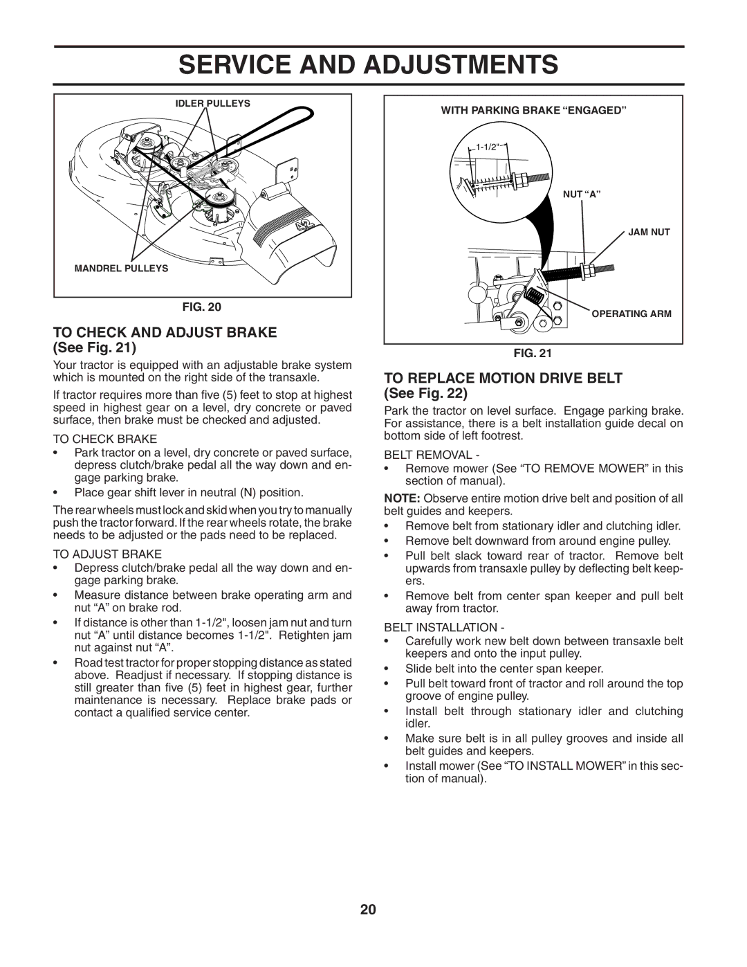 Poulan 187594 To Check and Adjust Brake See Fig, To Replace Motion Drive Belt See Fig, To Check Brake, To Adjust Brake 