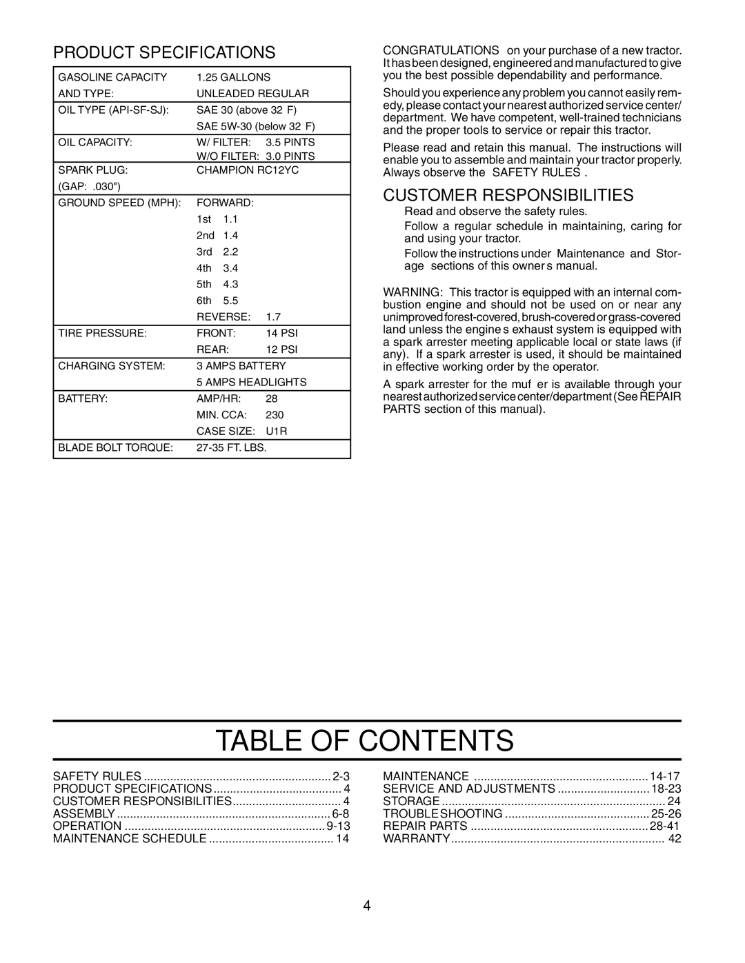 Poulan 187594 manual Table of Contents 