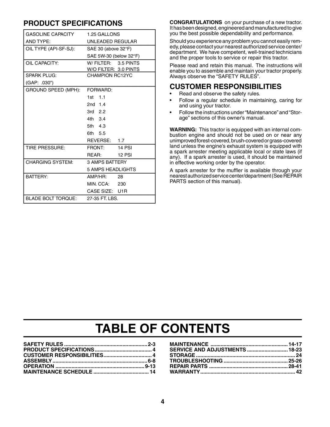 Poulan 187594 manual Table Of Contents, Product Specifications, Customer Responsibilities 