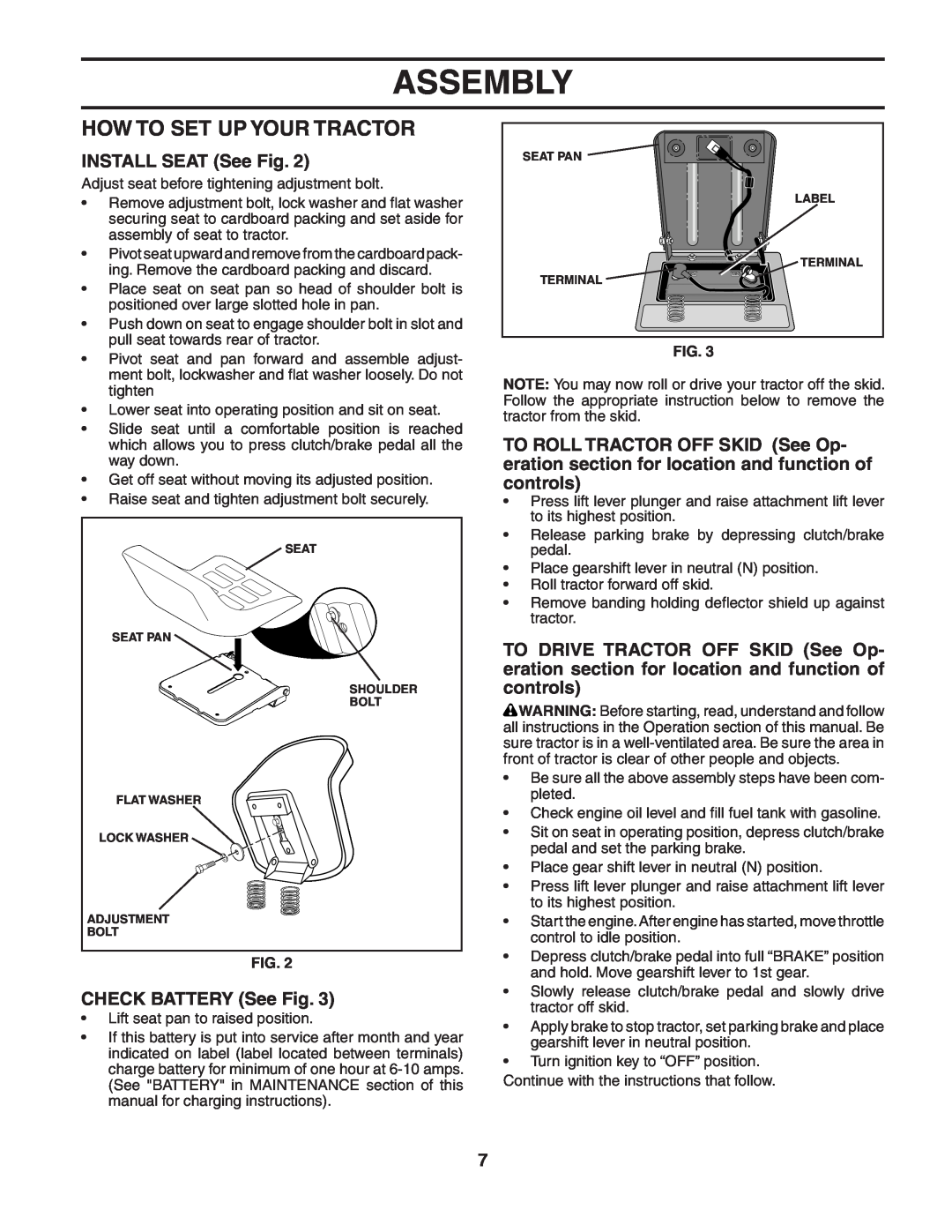 Poulan 187594 manual How To Set Up Your Tractor, INSTALL SEAT See Fig, CHECK BATTERY See Fig, Assembly 
