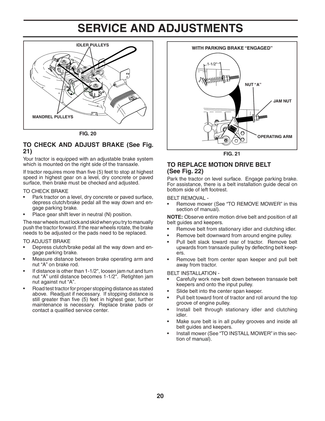 Poulan 187596 To Check and Adjust Brake See Fig, To Replace Motion Drive Belt See Fig, To Check Brake, To Adjust Brake 