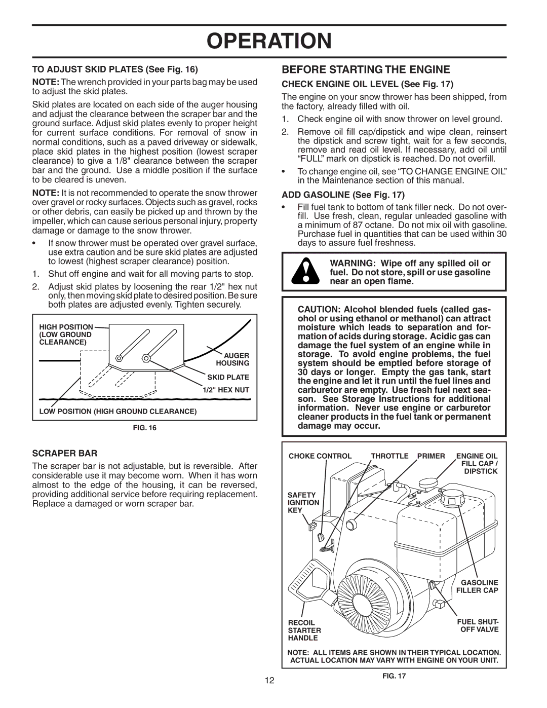 Poulan 187877 Before Starting the Engine, To Adjust Skid Plates See Fig, Check Engine OIL Level See Fig, Scraper BAR 