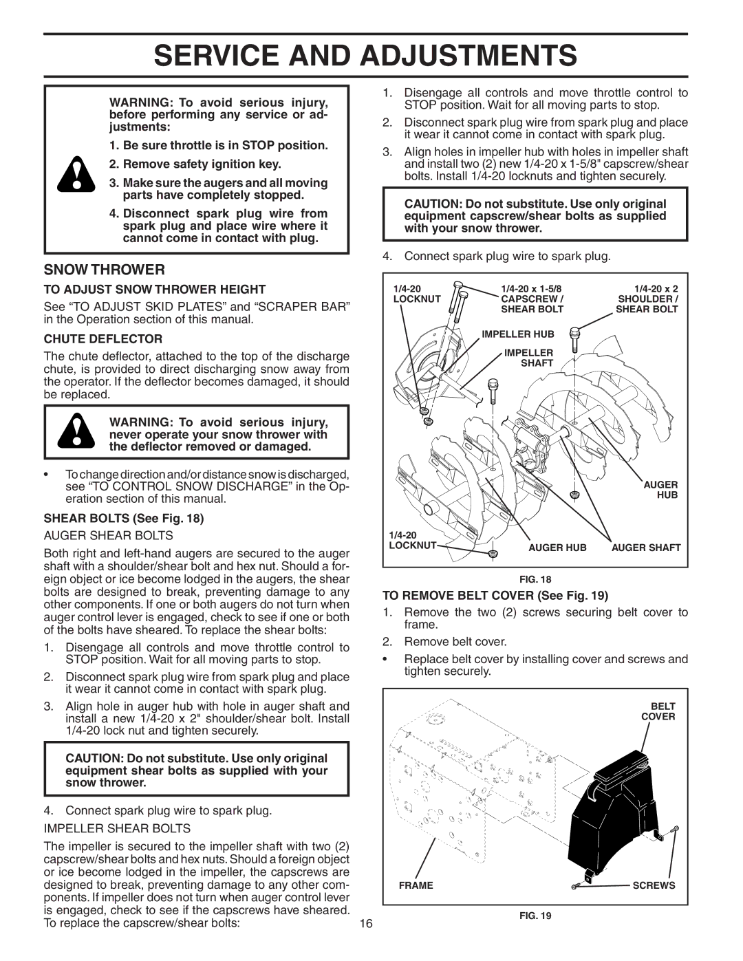 Poulan 187877 owner manual Service and Adjustments, To Adjust Snow Thrower Height, Chute Deflector, Shear Bolts See Fig 